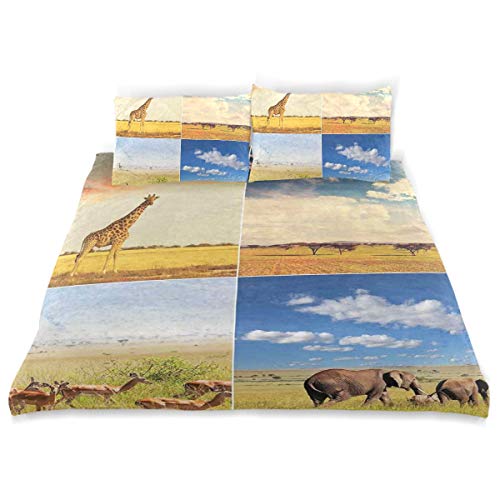 CHASOEA Duvet Cover Set African Safari Collage Lanscape with Native Animals Grassland Savannahs Mamals Decorative 3 Piece Bedding Set with 2 Pillow Shams Twin Size