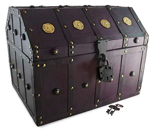Well Pack Box Treasure Chest Pirate 16"x 12"x 12" Lock Skeleton Keys Doubloon Accents in Antique Cherry Stain (Extra Large) - Thumbnail 6