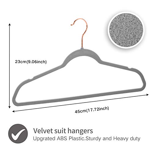 Premium Velvet Hangers Rose Gold Swivel Hooks - Felt Hangers-HeavyDuty Non Slip Sturdy Suit Hangers-Space Saving Clothes Hangers 50 Pack for Skirts Coats (Gray)