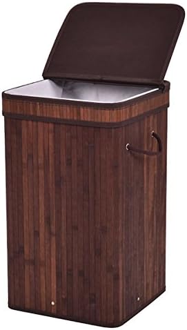 Brown Square Bamboo Hamper Laundry Basket With Folding Lid Bathroom Bedroom Cloth Sorter Storage Home Decor Clothes Wash Washing Organizer Bin Bag Portable Cotton Canvas Liner