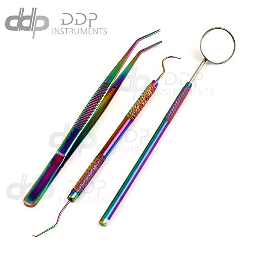 DDP Dentist Tools Hygiene Kit - Includes Tarter Scraper Remover 3pc Dental Pick, Dental Tweezer, and Mouth Mirror - Titanium Rainbow Color - Dentist Prepared Tools Kit - Thumbnail 5