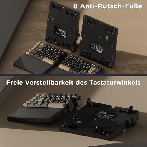 RK ROYAL KLUDGE S70 Gaming Keyboard Wireless Mechanical Ergonomic Split Design Keyboard QWERTZ with Wrist Rest, Bluetooth/2.4G/USB-C, RGB Lighting, Hot-Swap Linear Creamy Switches