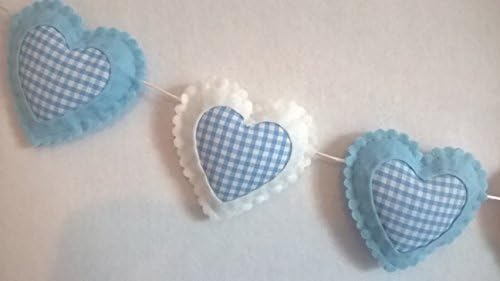 Baby Boys Nursery Decoration Ideas, Bedroom Wall Accessories, Pale Blue and White Gingham Hanging Love Hearts Decorations, Decorative Felt Fabric Bedrooms Bunting Garland Decor. Baby Shower Gift