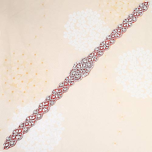 Crystal Applique with Red Back Adhesive, FANGZHIDI Beaded Applique with Silver Rhinestone Claw- Best for DIY on Wedding Dress, Bridal Belt Sash