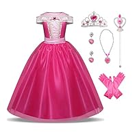 LENSEN Tech Girls Princess Aurora Costume Drop Shoulder Halloween Party Long Dress with Accessory (Pink with Accessory, 5-6 Years)