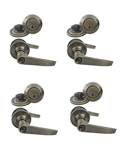 NU-SET Tustin Series Keyed Alike Entry Lever Lock and Single Cylinder Deadbolt Combo, Antique Brass Finish, Keyway, 4-Pack (T-E-5-3 + 70053)