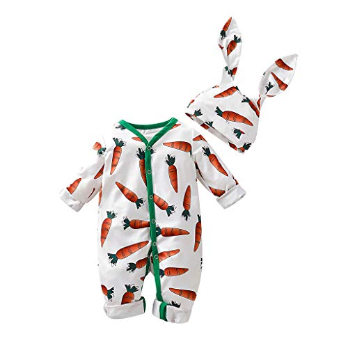 Xmiral Baby jongens meisjes cartoon wortelprint jumpsuit + konijnenoren hoed outfit - Image 3