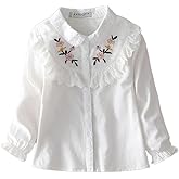 Girls White Cotton Blouse with Floral Embroidery, Lace Ruffle Collar, Long Sleeve Button Down Shirt