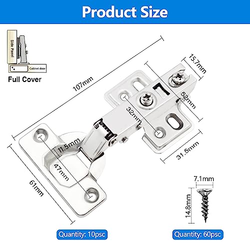 10 x Door Cupboard Hinges 110 Degree Fully Covering Kitchen Door Hinges with Built-in Damper Automatic Closing Mechanism Invisible Hinge for Cabinets