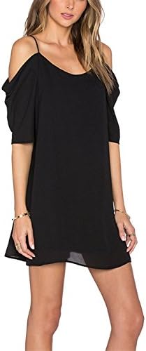 yisqzjzj Seasonal Women's Chiffon Cut Out Cold Shoulder Spaghetti Strap Mini Dress Top BlackMedium