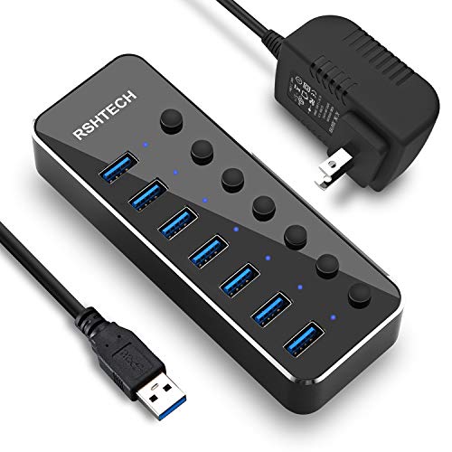 RSHTECH USB 3.0 Hub Powered 7 Port USB Extender Aluminum Splitter with Individual On/Off Switches (7-Ports)