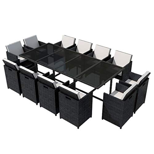 vidaXL Gartenmöbel 13-TLG. mit Auflagen Sitzgruppe Gartenset Sitzgarnitur Gartengarnitur Gartentisch Esstisch Stühle Poly Rattan Schwarz