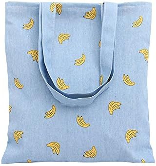 NuniWomen's Banana Print Cotton Canvas Tote Bag Blue