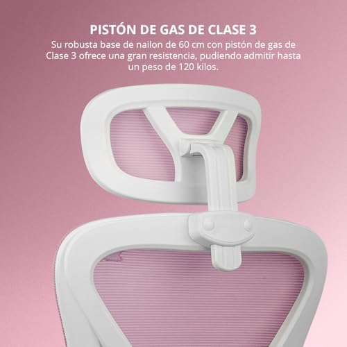 DRAIR35 – Silla Escritorio Ergonómica Oficina y Hogar de Malla tensada Transpirable, Reclinable 90-120°, Reposacabezas y Reposabrazos Abatibles, Soporta hasta 120 kg, Rosa-Blanco