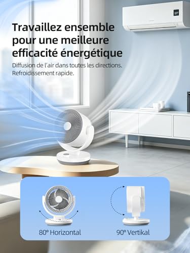 Silent Bedroom Fan, 40 W Ultra-Powerful 3D Turbo Air Circulation Fan for Living Room with 3 Speeds and 90° Adjustable Tilt, Desk Fan for Rooms of 20 m² (Rotary)