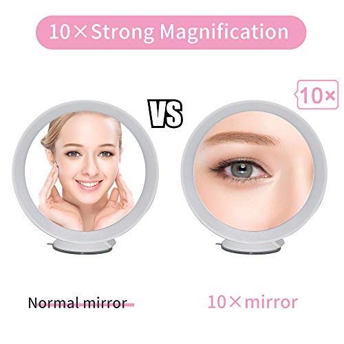 Vech 10X Magnifying Makeup Mirror with Lights, Hand Cosmetic Light up Mirrors, Intelligent Switch, 360 Degree Rotation, Powerful Suction Cup, Portable, Good for Tabletop, Bathroom, Traveling