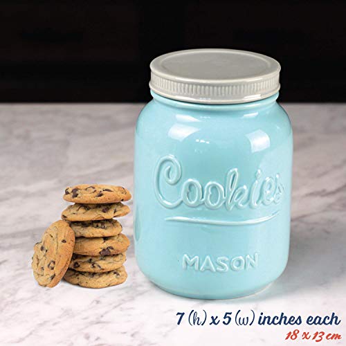 Mason Cookie Jar With Lid - Large Airtight Ceramic Kitchen Canister - Vintage Farmhouse Storage Jars with Lids - Rustic Decorative Air Tight Container For Cookies, Cracker, and Other Snacks (Blue)
