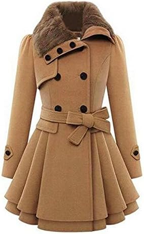 Labaqiangj Women's Fashion Faux Fur Lapel Double-breasted Thick Wool Trench Coat Jacket CoffeeS/BUST 34.6"