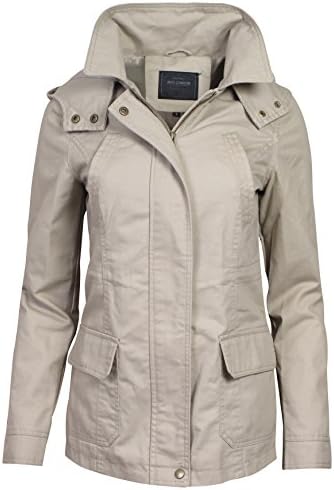 'Miss London Women\'s Military Anorak Hoodie Jacket with Drawstring Waist, Barley, Medium'
