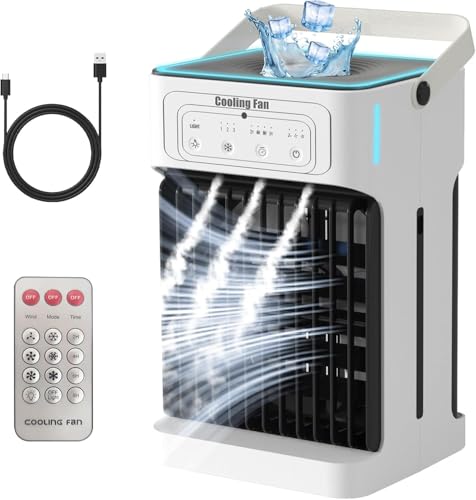 Mobile Air Conditioner with Remote Control, 1100 ml Dual Motor and Fan Air Cooler, Mini Portable Air Conditioning Night Light 7 Colours 2-8H 3 Speed Timer, USB Air Conditioning for Bedroom Kitchen