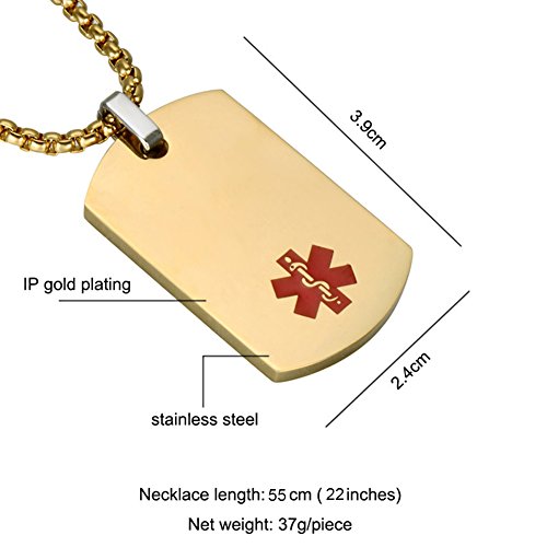 Medical Alert Jewelry Custom Engraved Medic ID Necklace for Men Women,Chain 20-24 Inches,Gold Plated - Thumbnail 2