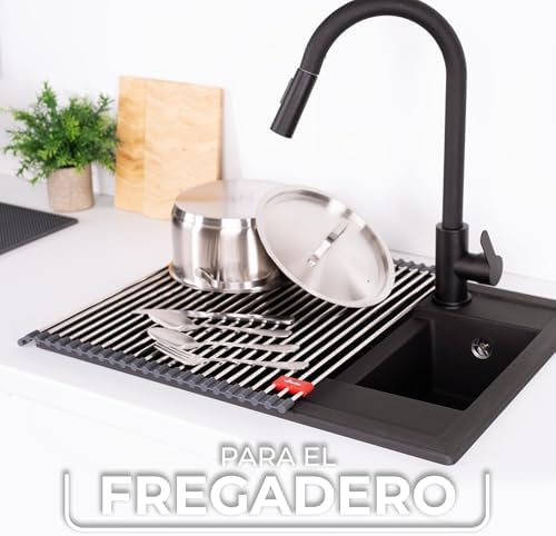 Drenador de loiça de lava-loiça 45 x 40 cm - Drenador de loiça dobrável - Aço inoxidável - Enrolável, ideal como estrutura para loiça e tampa do lava-loiça, escorredor dobrável para loiças