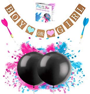 Gender Reveal Balloon 2x 36 inch SUPER Big Powder Smoke and Confetti Pop Pink and Blue with Banner and 2x Darts for Baby Shower