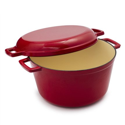 Sur La Table Cast Iron Casserole With Grill Pan Lid 25319 , 8 qt. , Cherry