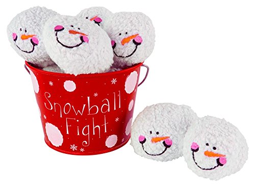 Snowball Fight! 6 Plush Snowmen Balls and a Red Tin Labeled 