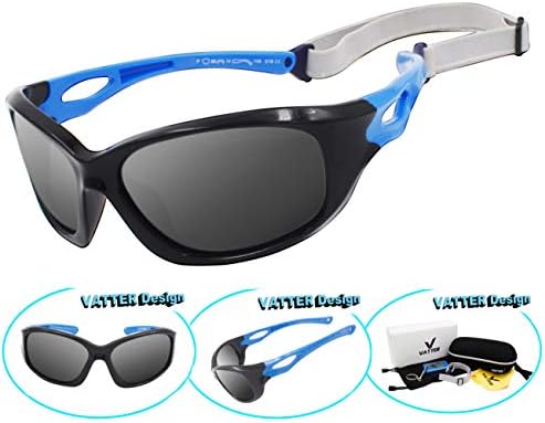 VATTER Kids Polarized Unbreakable Sports Flexible Square Sunglasses With Strap UV400 Protection for Kids Boys Girls Children