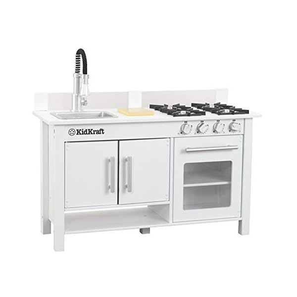 KidKraft Little Cook's Kinderküche aus Holz mit Zubehör, Spielküche mit Gasherd, kleinem Schneidebrett und Spüle mit ausziehbarem Wasserhahn, Spielzeug für Kinder ab 3 Jahre, 53407