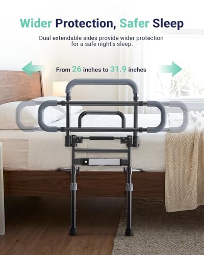 Bed Rails for Elderly Adults Safety, 180° Foldable Bed Rail with Adjustable Height & Width, 350lb Load, Extra-High Design, Wide Base, LED Light & Storage Pockets – Fits King/Queen/Full/Twin Beds