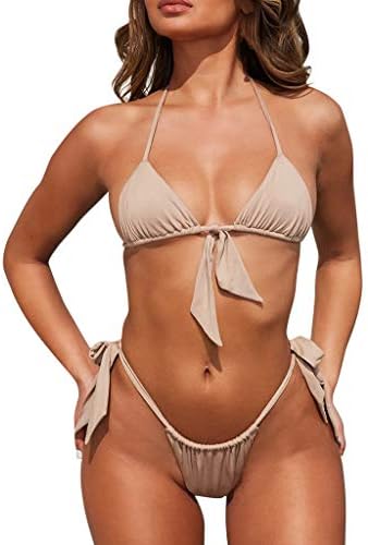 Mikilon Women's Thong Triangle Bikini Set Halter Side Tie Micro Swimsuit