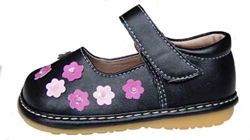 Girls Black Shoes Toddler Shoes Leather Squeaky Shoes Pink Flowers UK Sizes 3-7 F Fitting