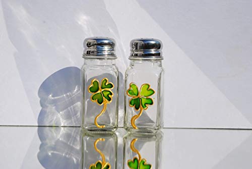 Green Four Leaf Clover Shamrock Hand Painted Glass Salt and Pepper Shakers Set - Thumbnail 2