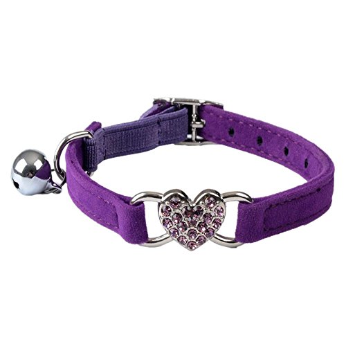 SODIAL(R) Heart charm and bell cat collar safety elastic adjustable with soft velvet material collar pet product small S purple
