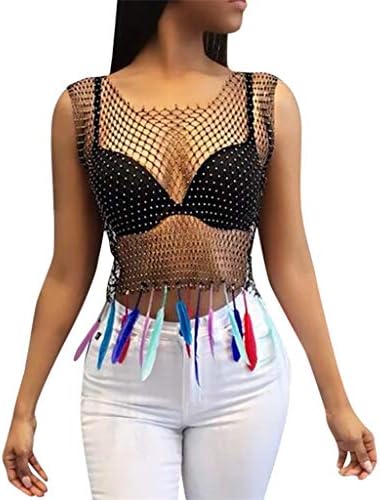 Amaping Shiny Crystal Diamond Rhinestone Women Mesh Tank Top Elastic Hollow Out Crop Tops Sleeveless T-Shirt