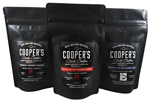 Whiskey & Rum Barrel Aged Coffee Beans Gourmet Coffee Gift Set by Cooper s Cask Coffee, Single Origin Coffee Beans (Sumatra, Ethiopia, Rwanda) - Three 4oz Bags, Whole Coffee Bean Roasted