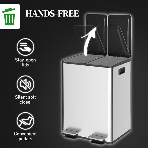 HOMCOM Trash Can and Recycle Bin, 2 x 5 Gallon (2 x 20 L) Stainless Steel Step Garbage Can with Soft Close, Stay-Open Lid, Deodorizer Compartment, Fingerprint-Proof, Silver