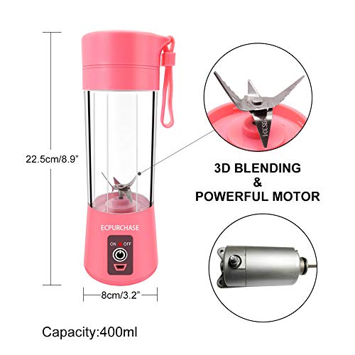 Portable Blender USB Rechargeable, Small Blender Single Serve, Personal Size Blender Travel Blender Juicer Cup 380ml (FDA, BPA free) (Pink) - Thumbnail 2