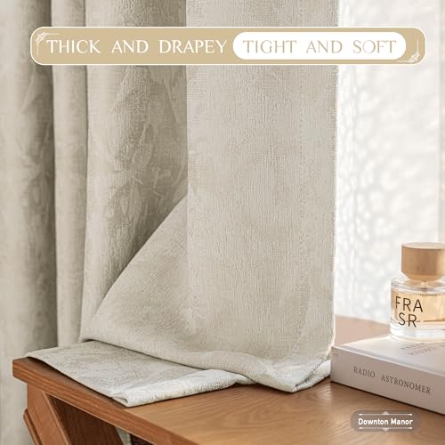 Beauoop Beige Floral Jacquard Blackout Curtains 84 Inches Long 2 Panels for Bedroom Living Room Taupe Flower Chenille Room Darkening Thermal Insulated Soundproof Grommet Window Treatments Drapes 52x84