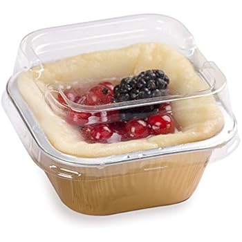 Premium 3.4-OZ Baking Cups with Lids - Square Foil Baking Cups & Lids Perfect for Fancy Desserts or Mini Snacks - Gold Cup with Clear Lid - Oven & Freezer Safe - Recyclable - 100-CT