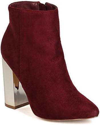 X2B GA79 Women Faux Suede Pointy Toe Metallic Block Heel Bootie - Burgundy (Size: 9.0)