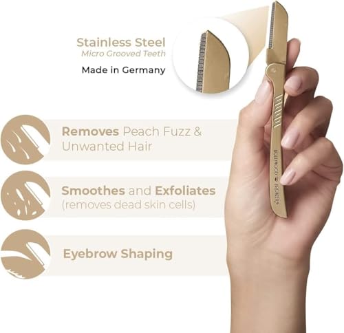 Hollywood Browzer Eco-Friendly Dermaplaning Razor - Eyebrow Shaping & Peach Fuzz Removal - Exfoliating Face Razor for Women - Facial Hair Remover & Dermaplaner Tool - Gold