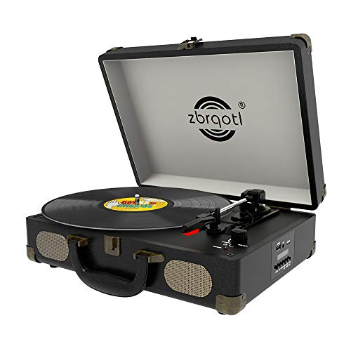 Vinyl Record Player – Vintage Suitcase Turntable 3 Speed for 7〞10〞12〞 LP Bluetooth 2 Stereo Speakers 9V 1.5A DC in Standard RCA Headphone Outputs,Black (Black)