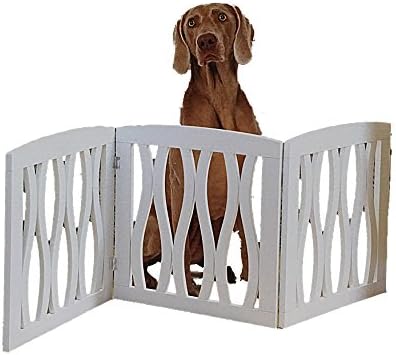 Folding 3 Panel Wood Pet Gate with Wavy Design - White