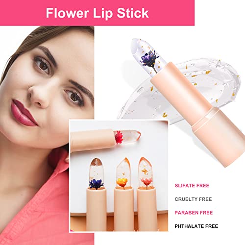 Flower Lip Balm,Color Changing Lip Gloss Tint Stain Moisturizer,Magic Flower Jelly Lipgloss Temperature Change Long Lasting Clear Lipstick Unique PH Level of Your Lips,0.13Oz,3Pack (set B)