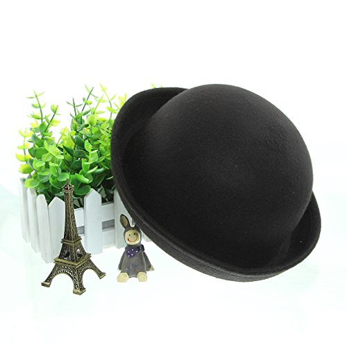 EOZY Girls Wool Felt Roll Brim Bowler Derby Hats Billycock Cloche 21" Black - Thumbnail 3