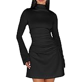 HYZ Women's Sexy Long Sleeve High Neck Ruched Waist Going Out Work A Line Mini Dress