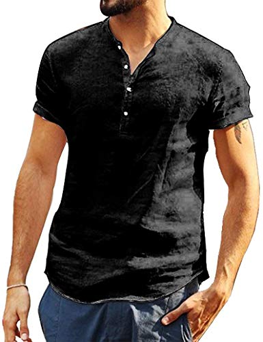 Loalirando-Camicia-da-Uomo-Manica-Corta-Camicia-Uomo-Slim-Fit-Magliette-Uomo-Tinta-Unita-Cotone-LinoM-3XL